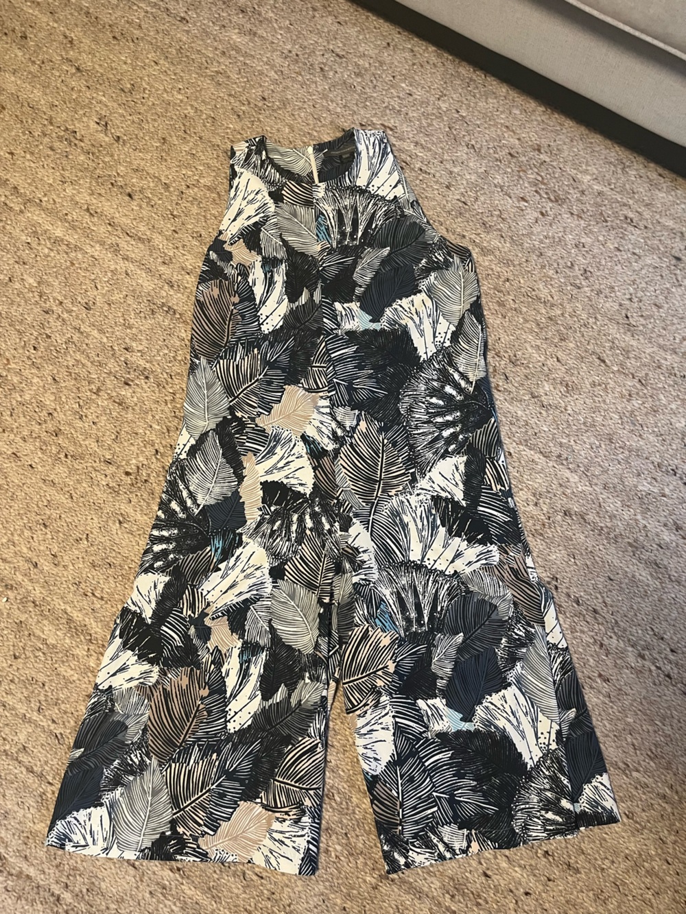 French Connection Black and White Leaf-Print Jumpsuit